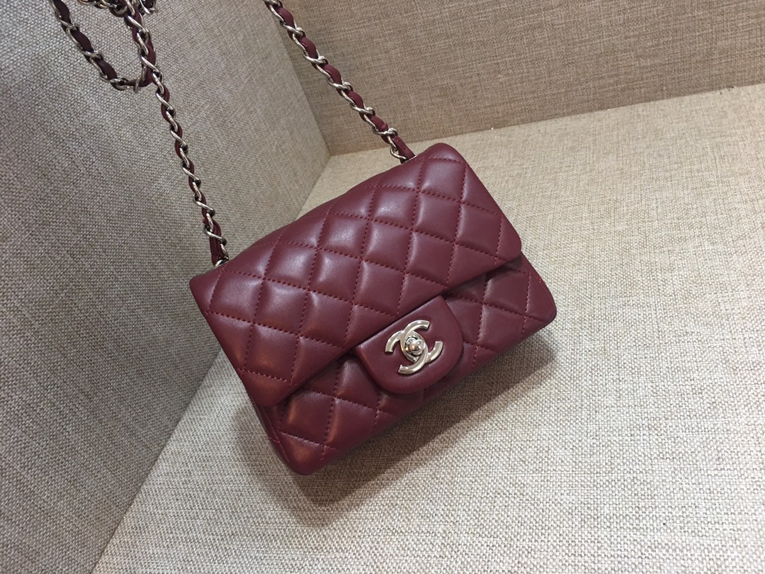 Mini Classic Flap Lambskin Bag A01115 Purplish Red/Silver